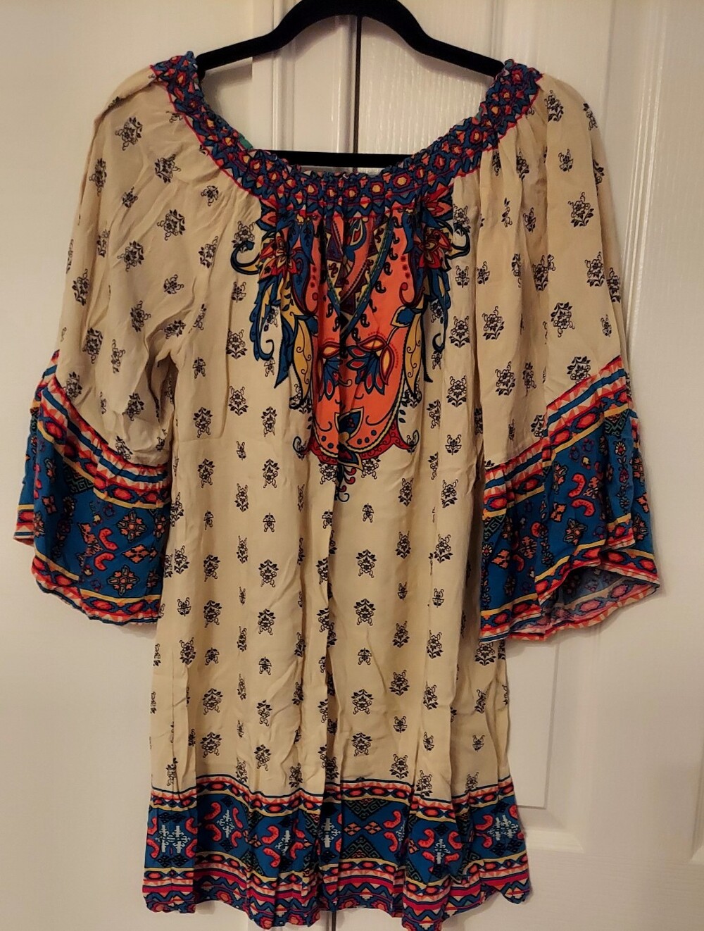 FLYING TOMATO Boho Cream Peasant Top with Blue & Orange Paisley Border